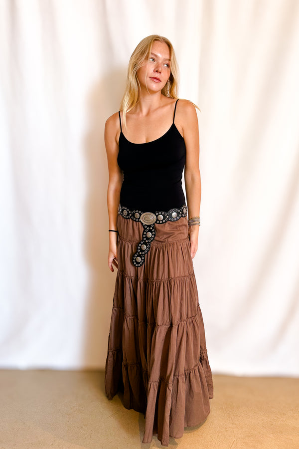 Drawstring Tiered Full Maxi Skirt / Brown - Image 4