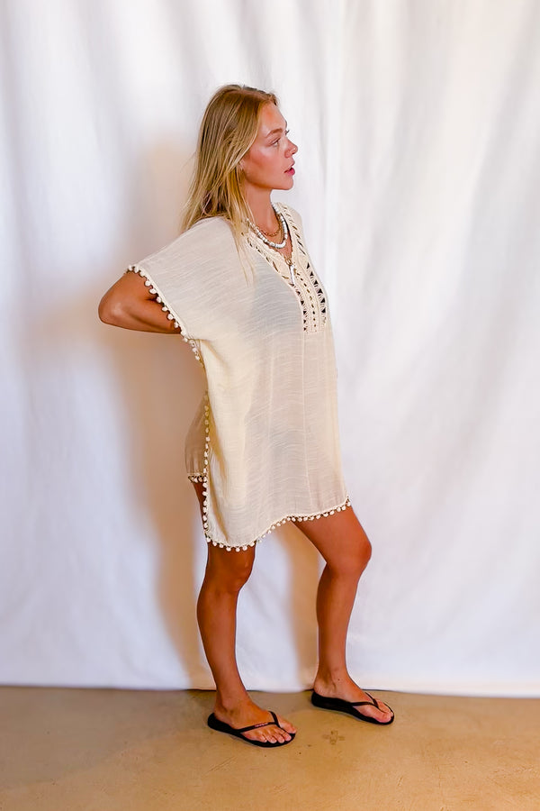 Crochet Neckline Short Cover Up Dress / Natural - Image 3