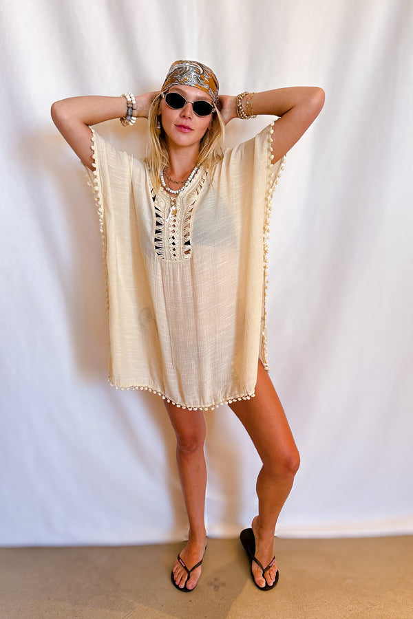 Crochet Neckline Short Cover Up Dress / Natural - Image 2