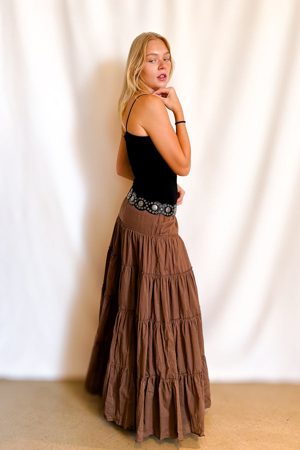 Drawstring Tiered Full Maxi Skirt / Brown - Image 3