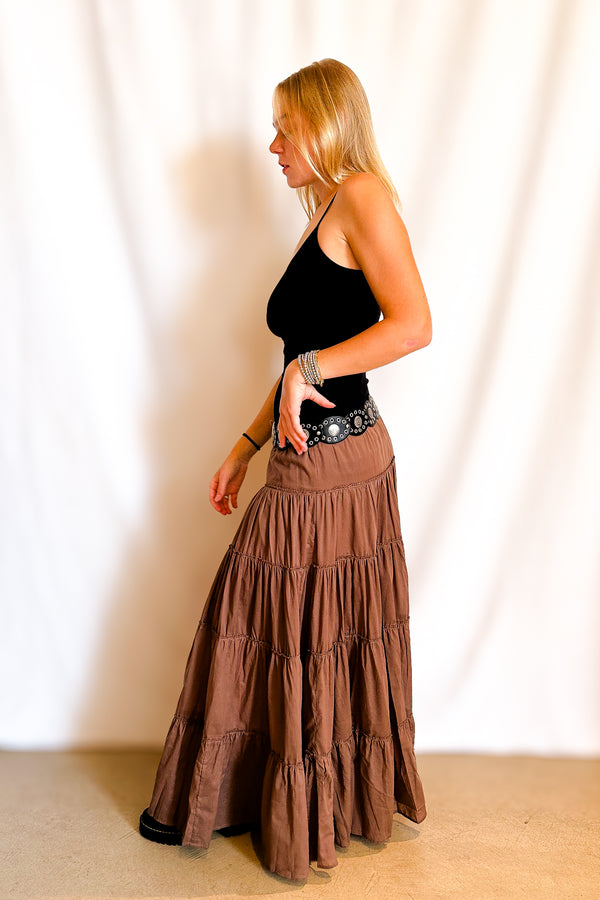 Drawstring Tiered Full Maxi Skirt / Brown - Image 6