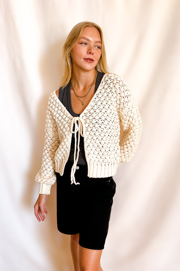 Chunky Yarn Tie Front Cardigan / Ivory - Image 6