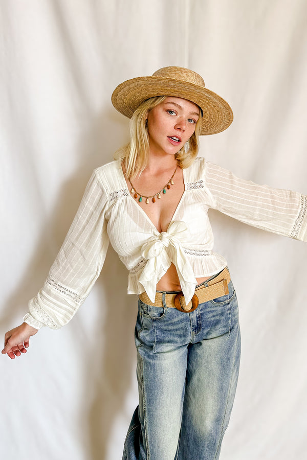 Lattice Detail Long Sleeve Tie Front Top / Ivory - Image 5