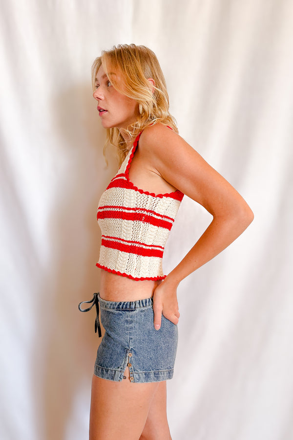Contrast Edge Stripe Knit Tank Top / Red - Image 2