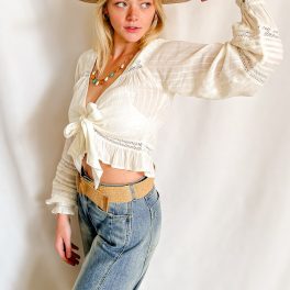 Lattice Detail Long Sleeve Tie Front Top / Ivory