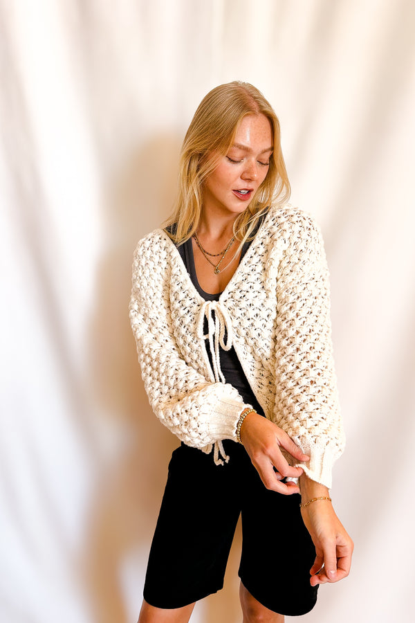 Chunky Yarn Tie Front Cardigan / Ivory - Image 2
