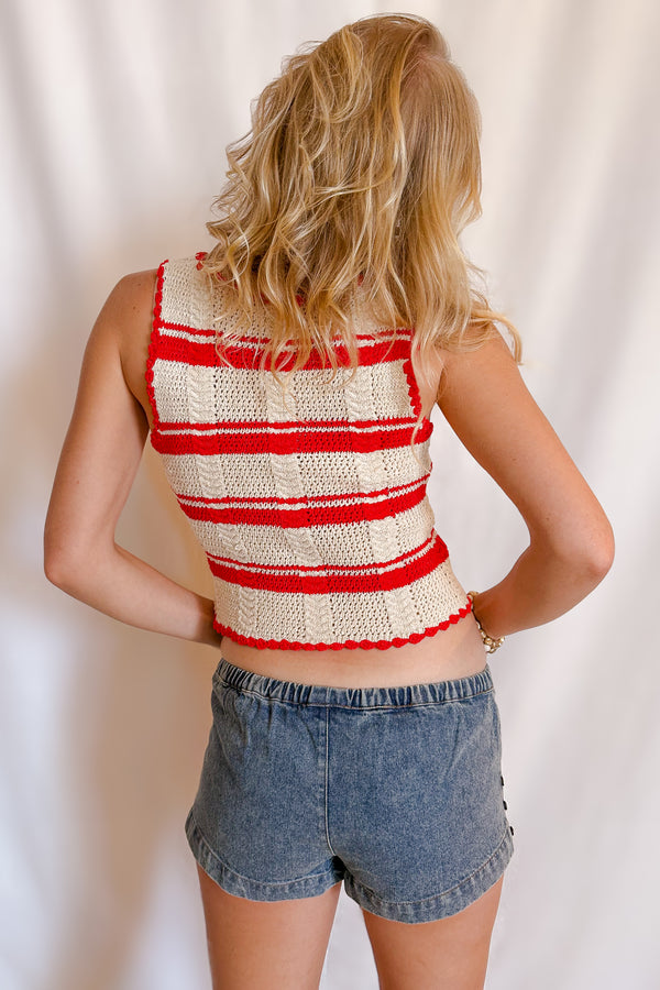 Contrast Edge Stripe Knit Tank Top / Red - Image 3