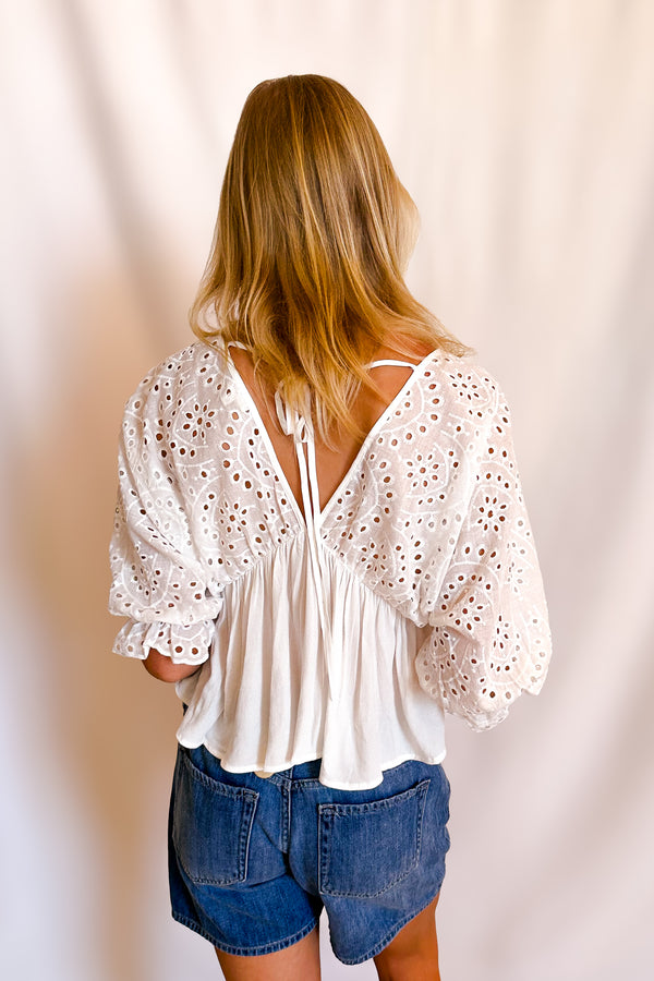Eyelet Top Detail Button Up Blouse / White - Image 2