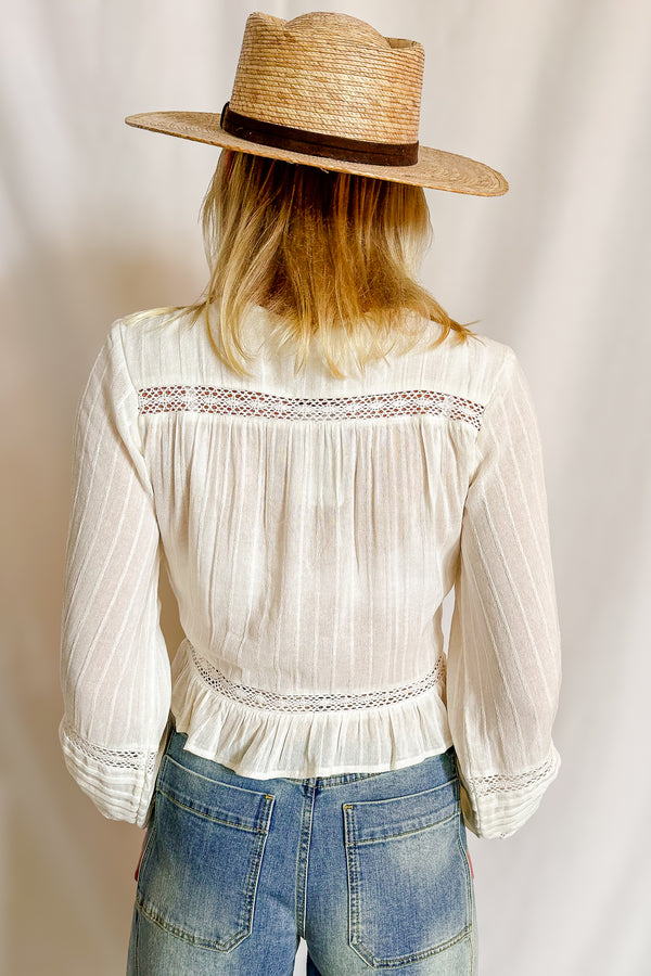 Lattice Detail Long Sleeve Tie Front Top / Ivory - Image 2