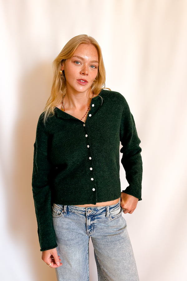 Mini White Button Crop Cardigan / Forest - Image 2