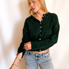Mini White Button Crop Cardigan / Forest