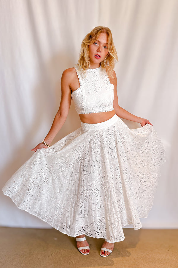 Eyelet Full Midi Skirt / White - Image 4