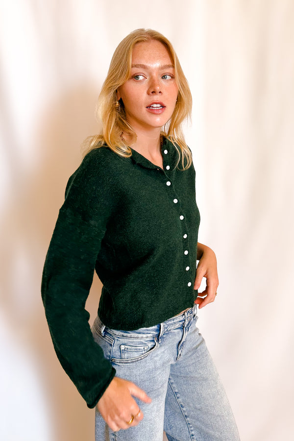 Mini White Button Crop Cardigan / Forest - Image 3