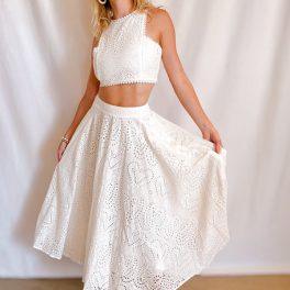 Eyelet Full Midi Skirt / White