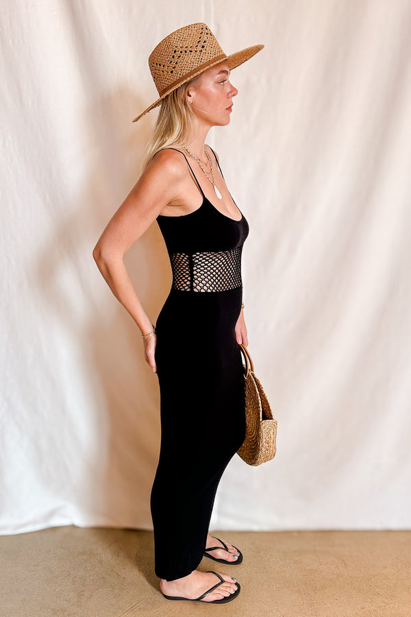 Fishnet Waist Detail Midi Cami Dress / Black - Image 2