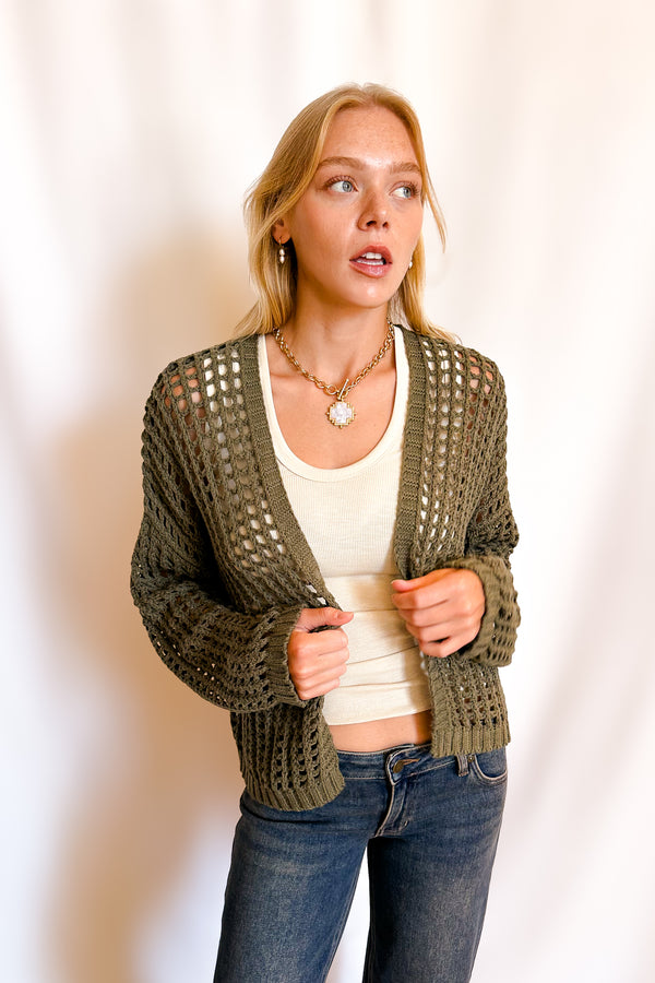 Crochet Waist Length Open Cardigan / Olive - Image 3