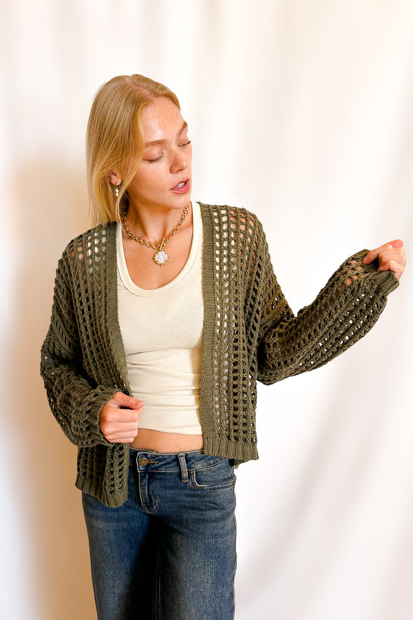 Crochet Waist Length Open Cardigan / Olive - Image 4