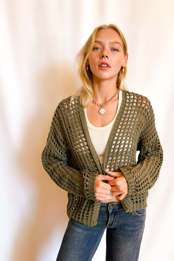 Crochet Waist Length Open Cardigan / Olive - Image 6
