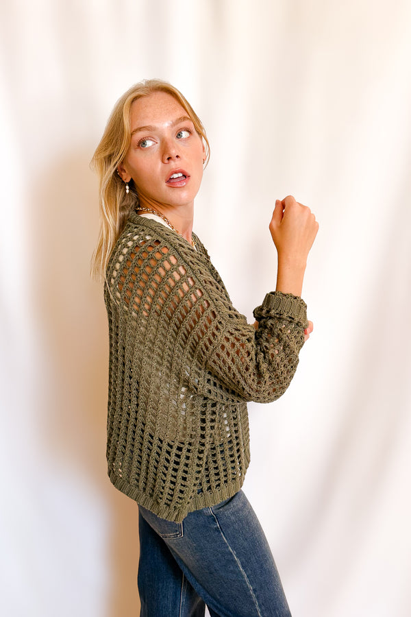 Crochet Waist Length Open Cardigan / Olive - Image 2