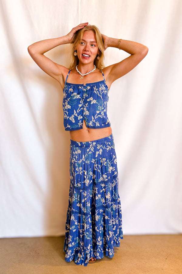 Beige Twig Floral Maxi Skirt / Blue - Image 5