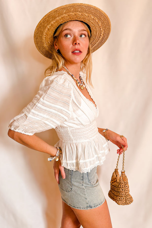 Eyelet Stretch Waist Peplum Short Sleeve Top / Ivory - Image 3