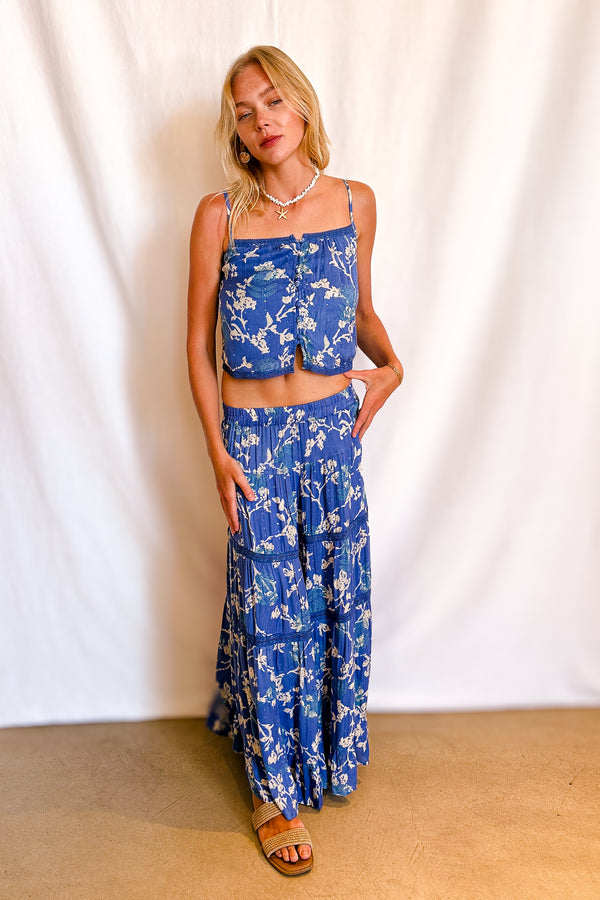Beige Twig Floral Maxi Skirt / Blue - Image 2