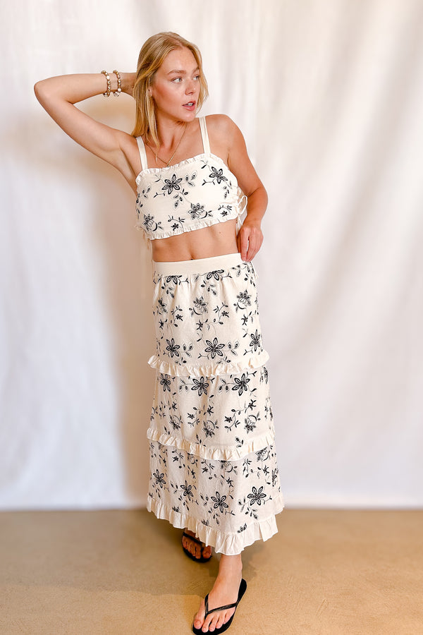 Black Embroidered Tiered Maxi Skirt / Natural