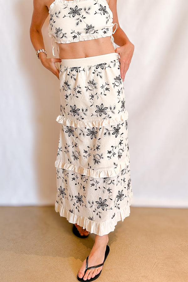 Black Embroidered Tiered Maxi Skirt / Natural - Image 2