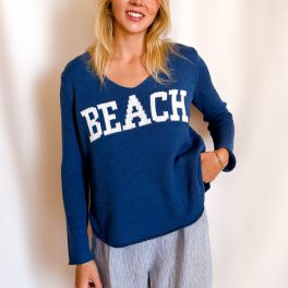 Beach Block Letter V-Neck Sweater / Blue