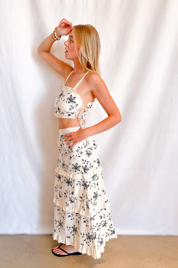 Black Embroidered Tiered Maxi Skirt / Natural - Image 3