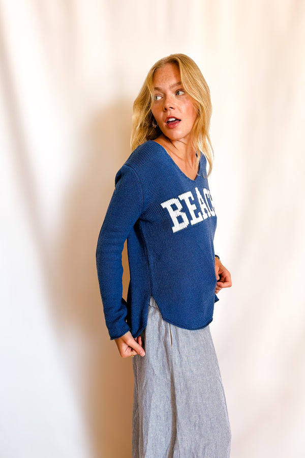 Beach Block Letter V-Neck Sweater / Blue - Image 2
