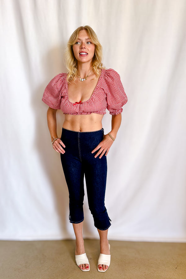 Gingham Puff Sleeve Crop Top / Red - Image 3