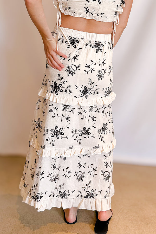 Black Embroidered Tiered Maxi Skirt / Natural - Image 5