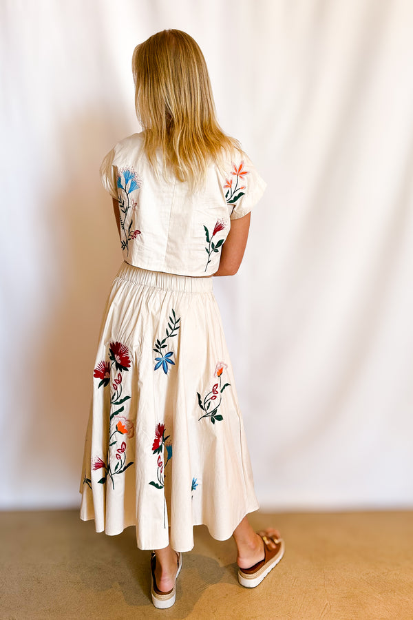 Colorful Embroidered Full Midi Skirt / Beige - Image 5