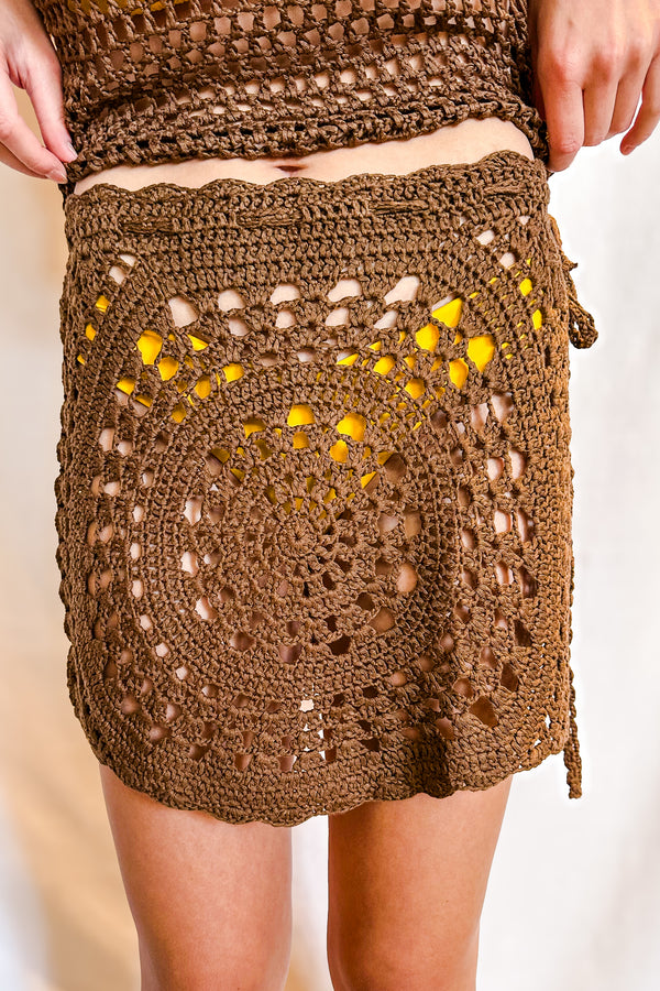Crochet Side Tie Cover Up Skirt / Brown - Image 2