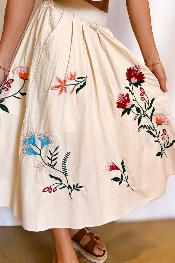 Colorful Embroidered Full Midi Skirt / Beige - Image 2
