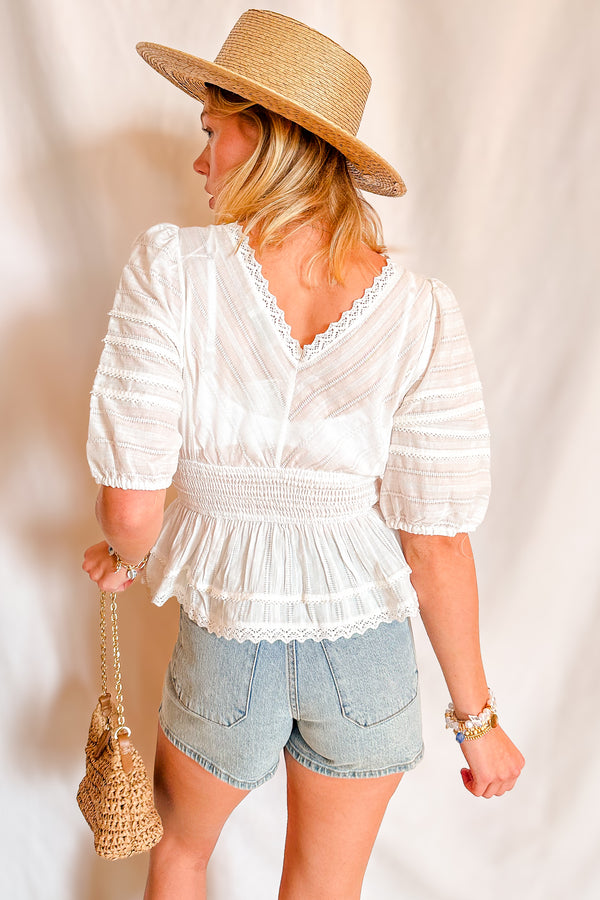 Eyelet Stretch Waist Peplum Short Sleeve Top / Ivory - Image 5
