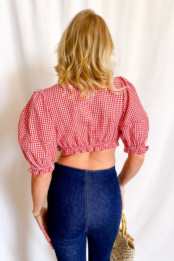 Gingham Puff Sleeve Crop Top / Red - Image 5