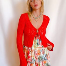 Light Detail Knit Tie Front Long Sleeve Top / Red
