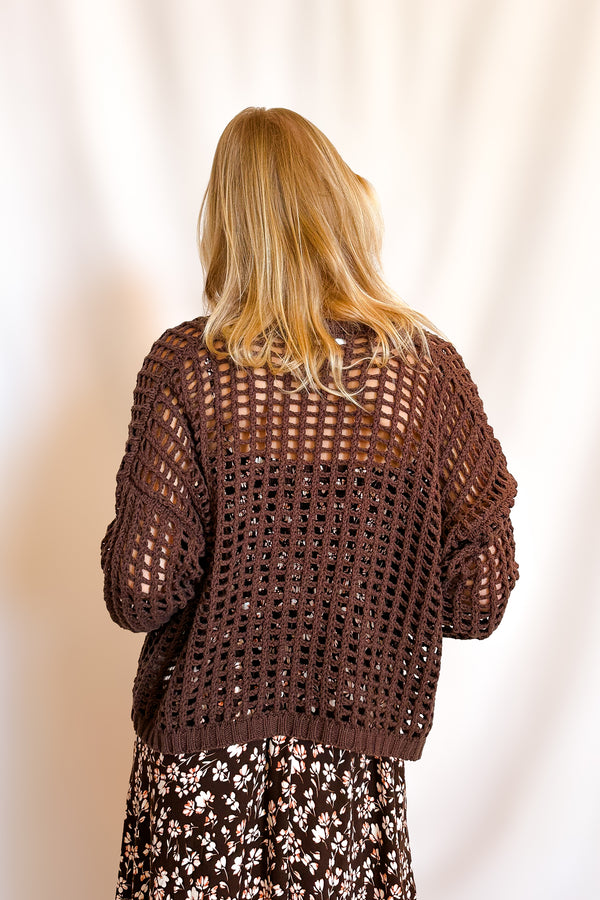 Crochet Waist Length Open Cardigan / Brown - Image 6