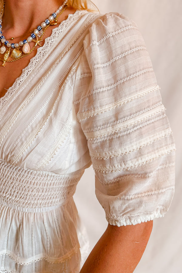 Eyelet Stretch Waist Peplum Short Sleeve Top / Ivory - Image 6