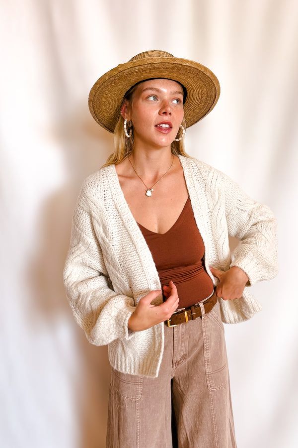 Soft Cable Knit Open Mid Length Cardigan / Cream - Image 2