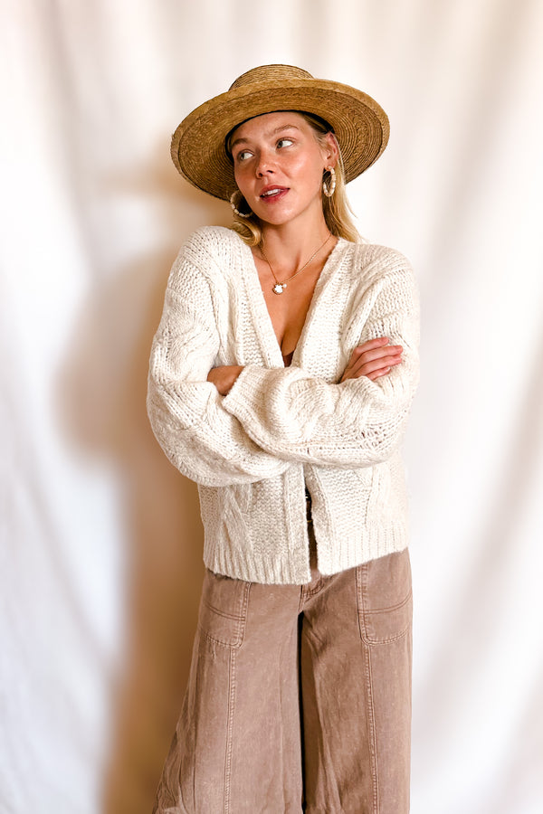 Soft Cable Knit Open Mid Length Cardigan / Cream - Image 3