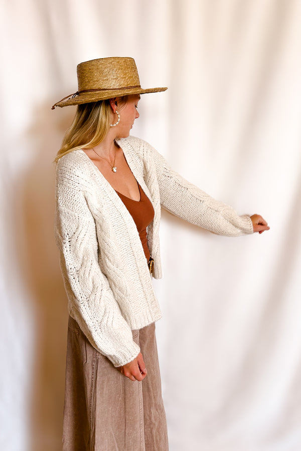 Soft Cable Knit Open Mid Length Cardigan / Cream - Image 4