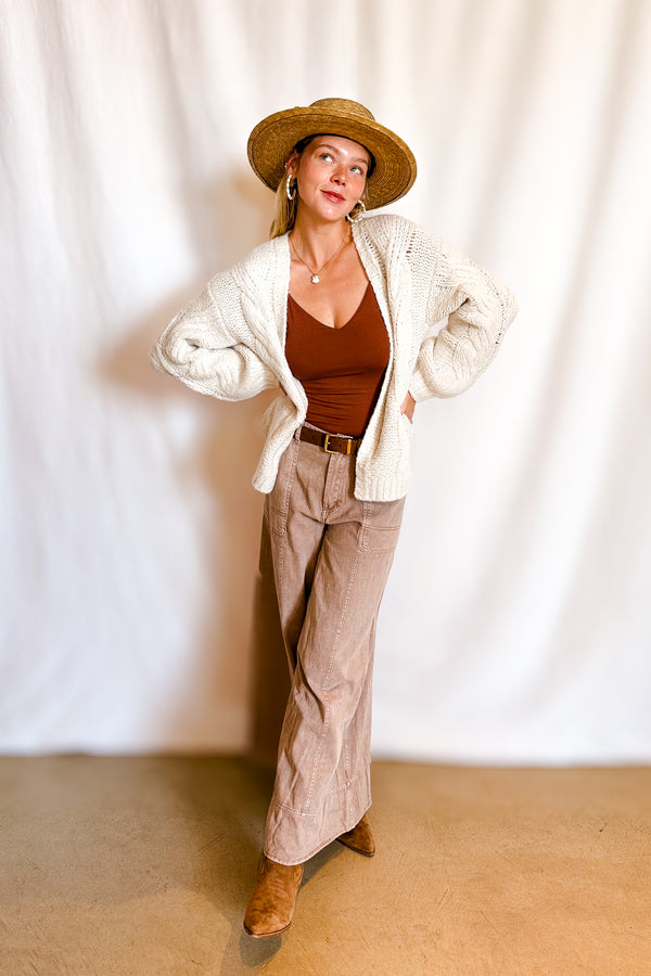 Soft Cable Knit Open Mid Length Cardigan / Cream - Image 5