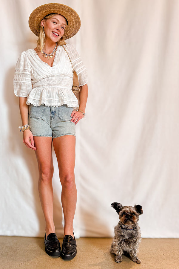 Eyelet Stretch Waist Peplum Short Sleeve Top / Ivory - Image 2