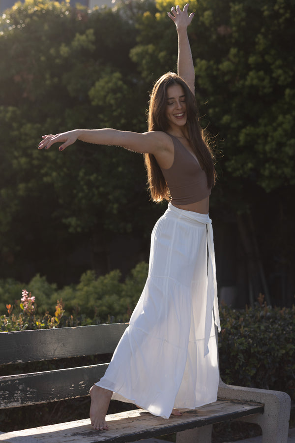 Sash Tiered Wide Leg Pant / White