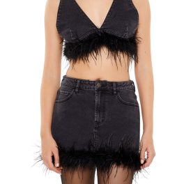 Feather-Trim Denim Bralette