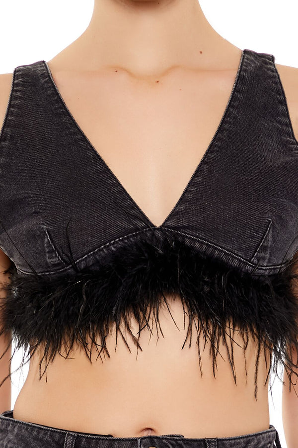 Feather-Trim Denim Bralette - Image 3