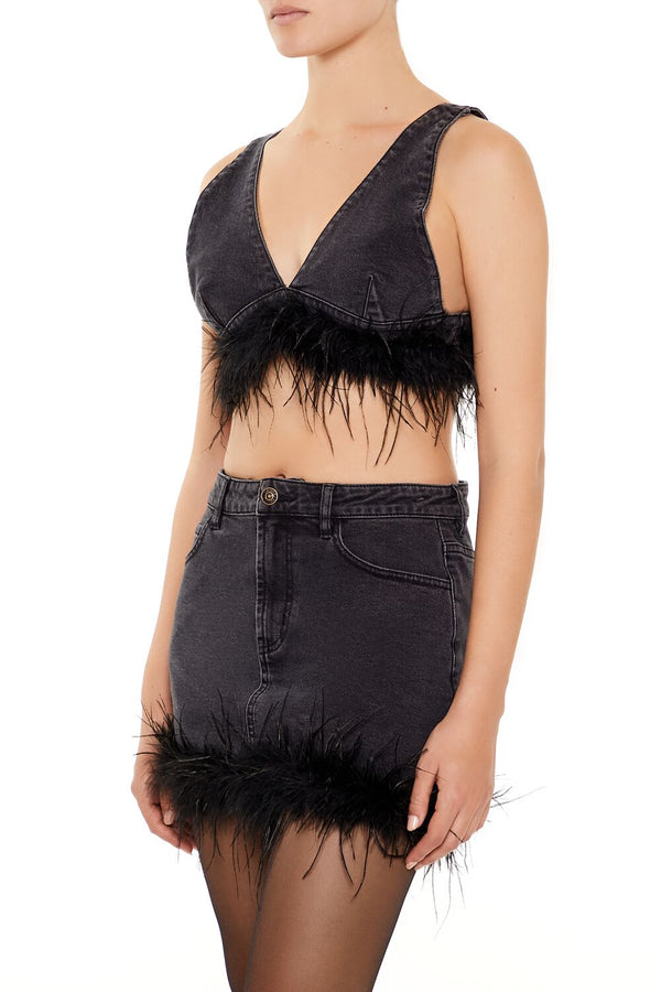 Feather-Trim Denim Bralette - Image 4